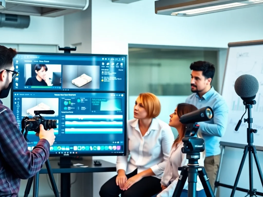 An office environment with a marketing team working on a video campaign. A large computer screen displays video editing software with a product video being crafted. One team member is recording a product with a camera, while others discuss content strategies with charts and analytics on a whiteboard in the background. The scene includes lighting equipment, a tripod, and a branded microphone, highlighting the process of creating video marketing content. The atmosphere is professional and dynamic, with a focus on technology and creativity