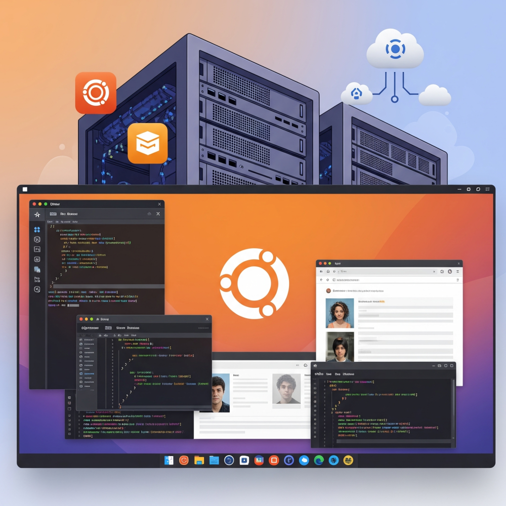 Ilustrasi digital profesional yang menunjukkan fleksibilitas linux ubuntu, dengan antarmuka desktop yang menampilkan editor kode dan peramban web, terintegrasi mulus dengan rak server dan ikon komputasi awan. Logo linux ubuntu terlihat jelas, menonjolkan kemampuan linux ubuntu untuk pengguna biasa maupun profesional.