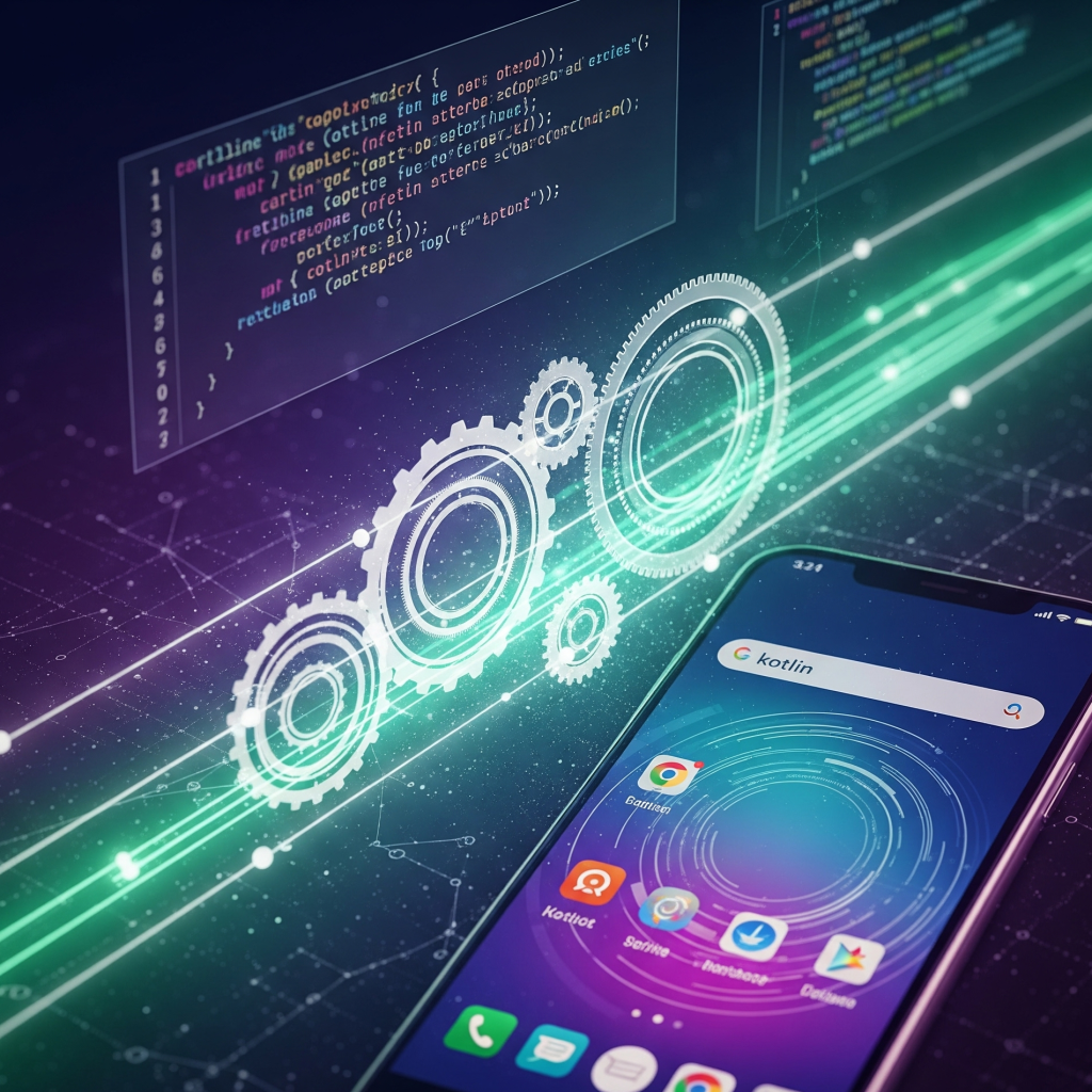 Sebuah gambar yang secara visual dinamis dan modern, yang mewujudkan esensi dari bahasa pemrograman Kotlin. Bagian depan menampilkan sintaksis kode Kotlin yang abstrak, seperti definisi fungsi dan deklarasi kelas data. Sebuah ponsel menonjol menampilkan antarmuka aplikasi Android yang ramping. Di belakang elemen-elemen ini, jaringan simpul yang terhubung dan roda gigi yang saling terkait menandakan jangkauan multiplatform serbaguna dari bahasa pemrograman Kotlin di seluruh pengembangan web, aplikasi sisi server, dan ilmu data. Garis-garis terang berwarna ungu dan hijau menerangi pemandangan, menekankan efisiensi dan semangat inovatif bahasa tersebut. Estetika gambar cerah dan menarik, dirancang untuk beresonansi dengan pengembang yang mencari teknologi masa depan.