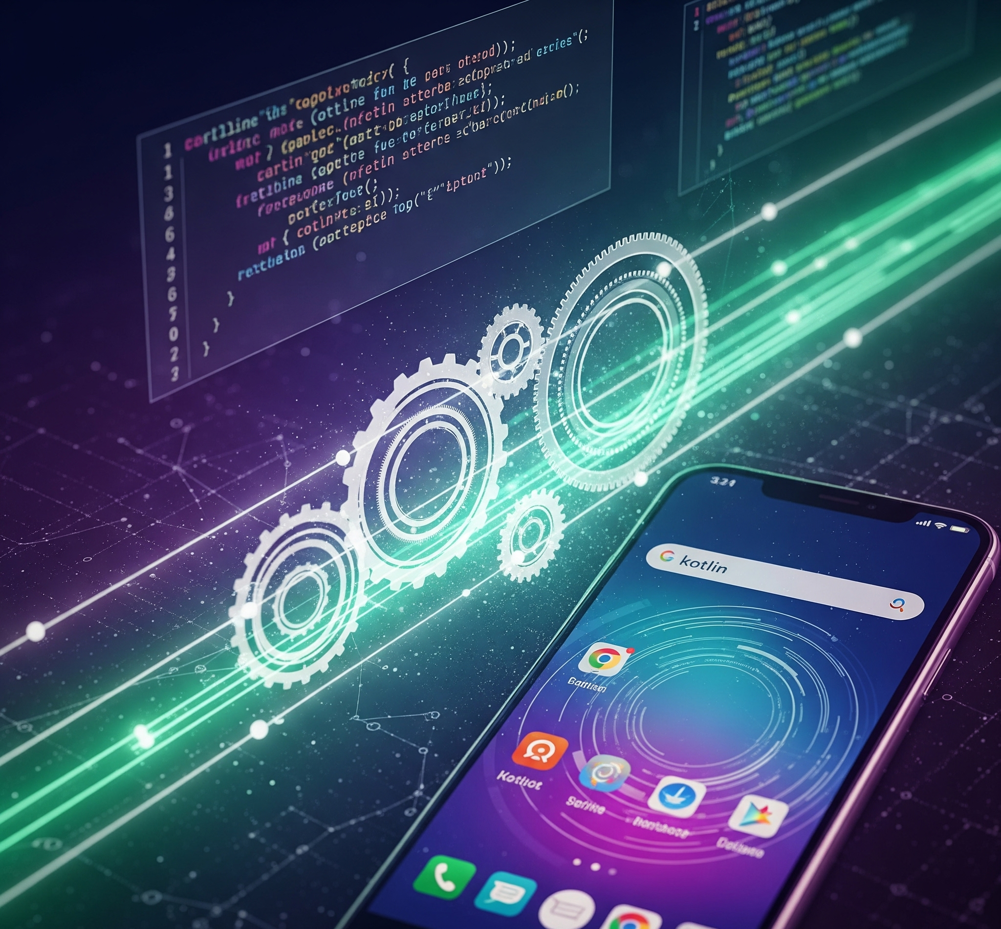 Sebuah gambar yang secara visual dinamis dan modern, yang mewujudkan esensi dari bahasa pemrograman Kotlin. Bagian depan menampilkan sintaksis kode Kotlin yang abstrak, seperti definisi fungsi dan deklarasi kelas data. Sebuah ponsel menonjol menampilkan antarmuka aplikasi Android yang ramping. Di belakang elemen-elemen ini, jaringan simpul yang terhubung dan roda gigi yang saling terkait menandakan jangkauan multiplatform serbaguna dari bahasa pemrograman Kotlin di seluruh pengembangan web, aplikasi sisi server, dan ilmu data. Garis-garis terang berwarna ungu dan hijau menerangi pemandangan, menekankan efisiensi dan semangat inovatif bahasa tersebut. Estetika gambar cerah dan menarik, dirancang untuk beresonansi dengan pengembang yang mencari teknologi masa depan.