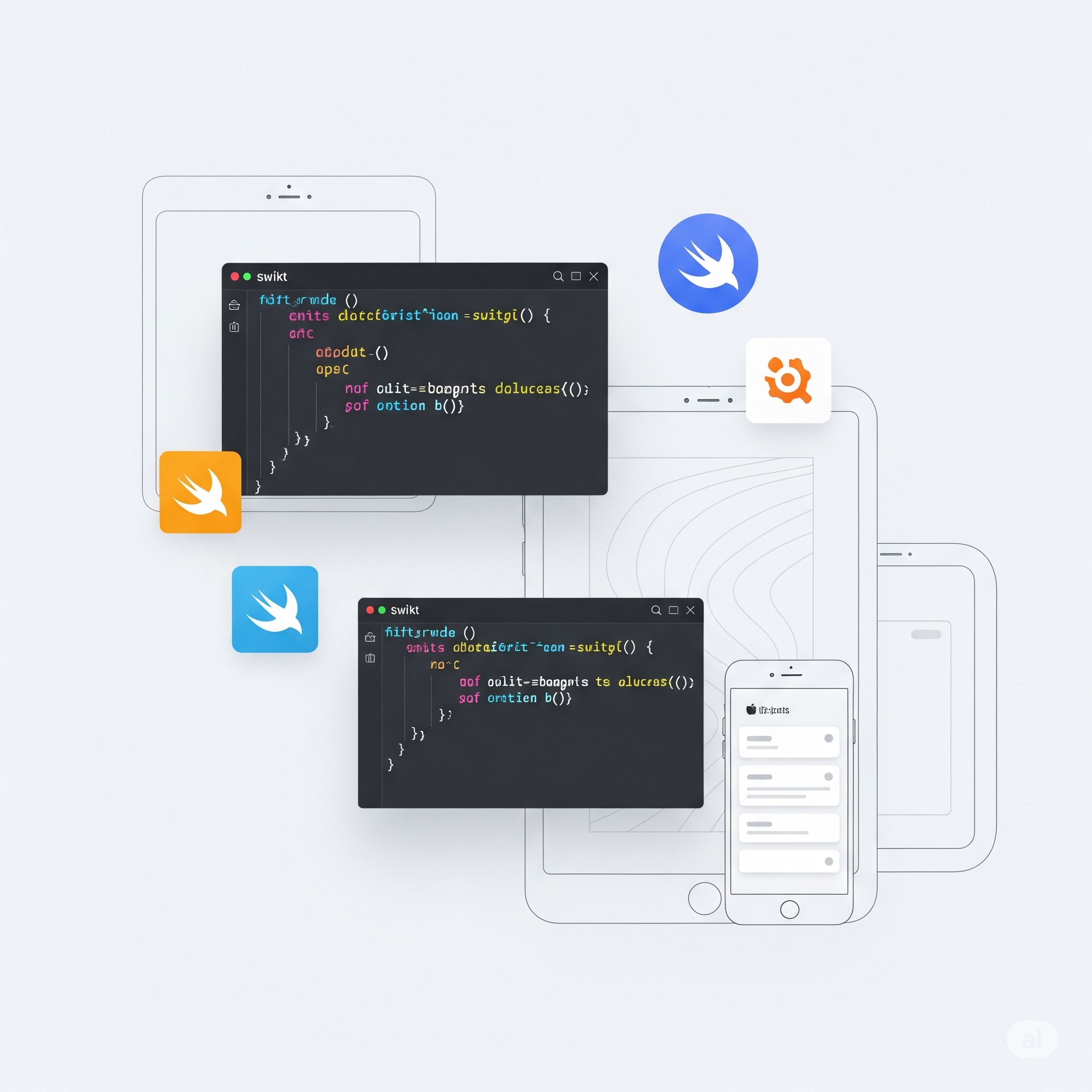 Antarmuka modern dan minimalis yang menampilkan cuplikan kode dan simbol bahasa pemrograman Swift, dengan garis luar perangkat yang ramping dan estetika desain yang bersih secara halus menyiratkan ekosistem Apple tanpa menampilkan logo Apple secara eksplisit. Gambar ini menonjolkan pengembangan aplikasi yang inovatif, efisien, dan berwawasan ke depan, memadukan kecanggihan teknologi dengan keramahan pengguna, serta menunjukkan pengembangan aplikasi yang mulus untuk berbagai platform.
