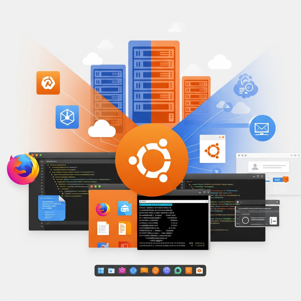 Antarmuka desktop linux ubuntu yang bersih dan modern, menunjukkan berbagai lingkungan komputasi yang menyatu: jendela desktop yang ramping dengan aplikasi seperti Firefox dan terminal, rak server bergaya, dan ikon komputasi awan abstrak di latar belakang, mencerminkan keserbagunaan dan kemudahan penggunaan linux ubuntu.