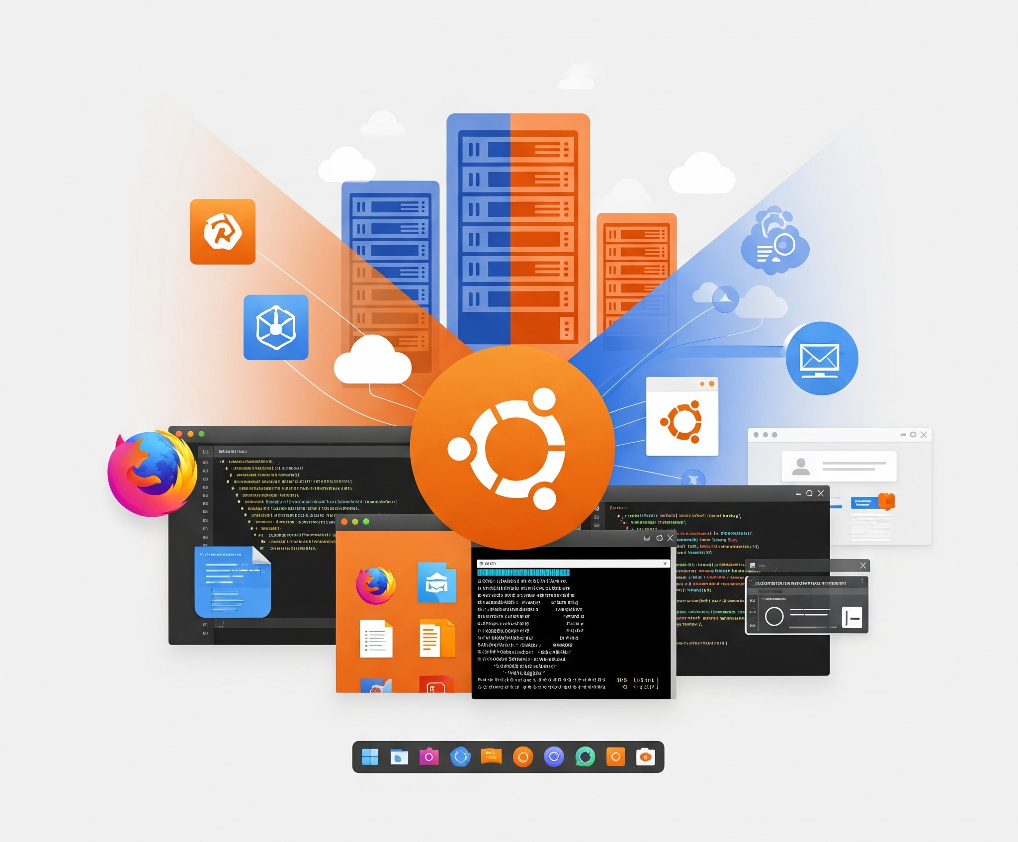 Antarmuka desktop linux ubuntu yang bersih dan modern, menunjukkan berbagai lingkungan komputasi yang menyatu: jendela desktop yang ramping dengan aplikasi seperti Firefox dan terminal, rak server bergaya, dan ikon komputasi awan abstrak di latar belakang, mencerminkan keserbagunaan dan kemudahan penggunaan linux ubuntu.