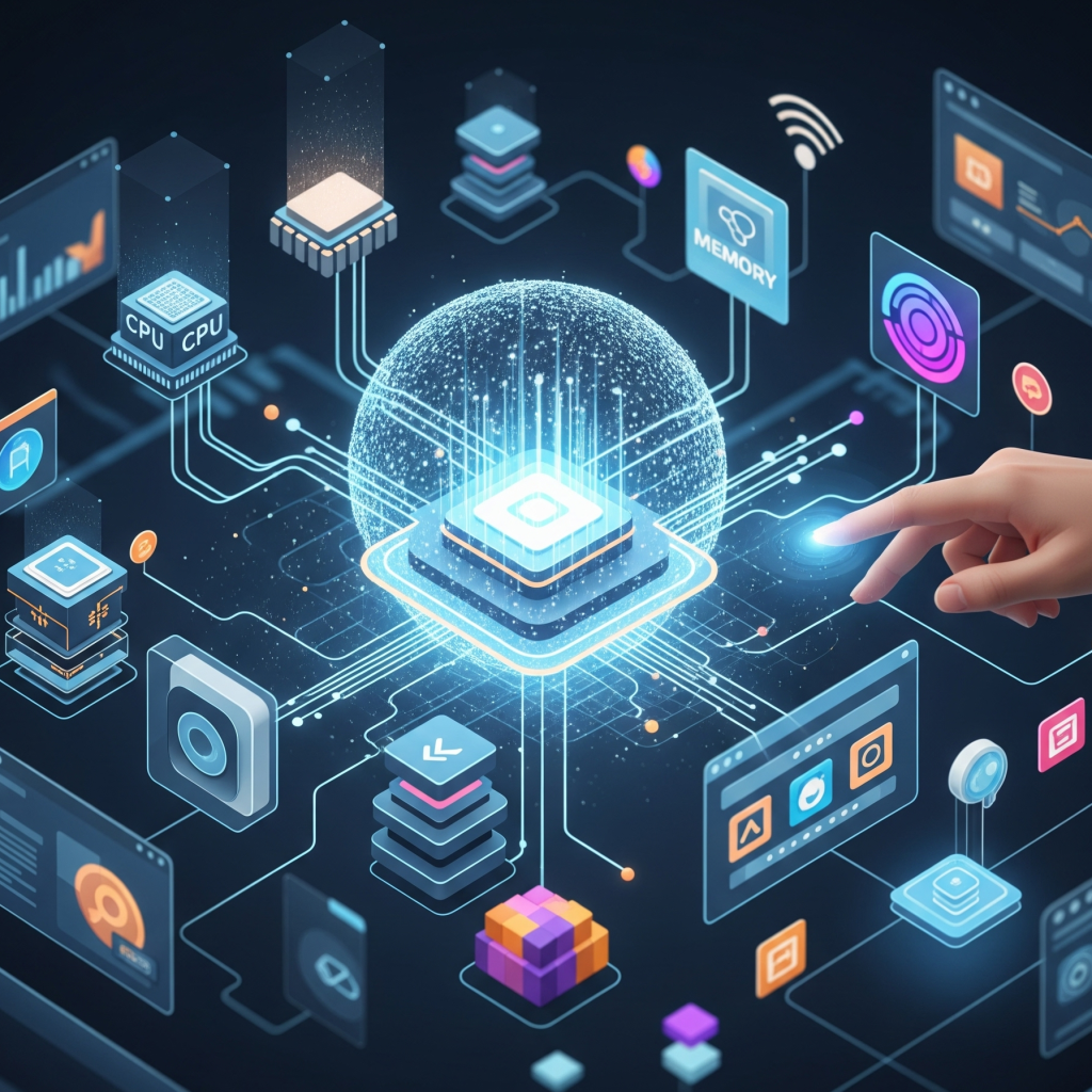 Sebuah gambar konseptual modern dari sebuah sistem operasi sebagai hub pusat, sebuah bola cahaya dan data berdenyut di intinya. Berbagai komponen perangkat keras, seperti CPU, memori, dan penyimpanan, digambarkan sebagai bentuk yang bergaya dan saling terhubung, dihubungkan ke hub pusat melalui garis data yang bersinar dan dinamis. Berbagai aplikasi perangkat lunak, yang diwakili oleh ikon yang berbeda dan jelas serta jendela program yang bergaya, juga terhubung ke hub. Sebuah tangan manusia yang digambar secara halus berinteraksi dengan perangkat yang ramping, melambangkan interaksi pengguna dan antarmuka sistem operasi. Estetika karya seni ini bersih, modern, dan futuristik, menekankan rasa aliran digital dan konektivitas. Ini dirender dengan gaya seni digital yang bersih, menampilkan palet warna yang lembut dan dingin, membangkitkan perasaan efisiensi, harmoni, dan konektivitas dalam sistem operasi yang kompleks. Ini menunjukkan bagaimana operating system adalah inti dari interaksi perangkat keras dan perangkat lunak.