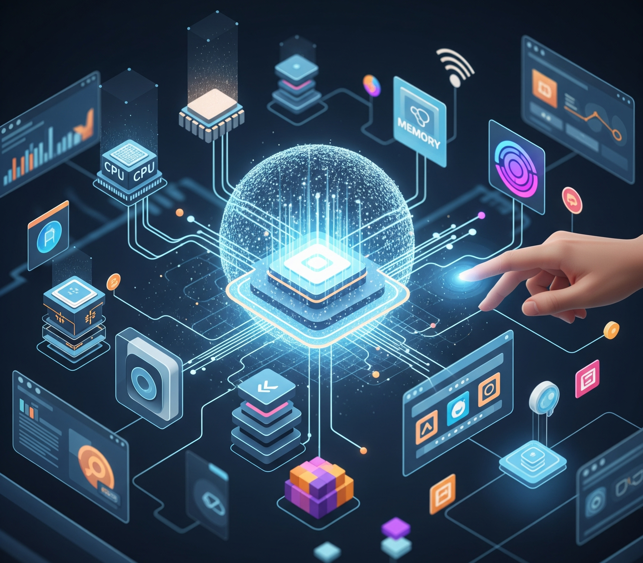 Sebuah gambar konseptual modern dari sebuah sistem operasi sebagai hub pusat, sebuah bola cahaya dan data berdenyut di intinya. Berbagai komponen perangkat keras, seperti CPU, memori, dan penyimpanan, digambarkan sebagai bentuk yang bergaya dan saling terhubung, dihubungkan ke hub pusat melalui garis data yang bersinar dan dinamis. Berbagai aplikasi perangkat lunak, yang diwakili oleh ikon yang berbeda dan jelas serta jendela program yang bergaya, juga terhubung ke hub. Sebuah tangan manusia yang digambar secara halus berinteraksi dengan perangkat yang ramping, melambangkan interaksi pengguna dan antarmuka sistem operasi. Estetika karya seni ini bersih, modern, dan futuristik, menekankan rasa aliran digital dan konektivitas. Ini dirender dengan gaya seni digital yang bersih, menampilkan palet warna yang lembut dan dingin, membangkitkan perasaan efisiensi, harmoni, dan konektivitas dalam sistem operasi yang kompleks. Ini menunjukkan bagaimana operating system adalah inti dari interaksi perangkat keras dan perangkat lunak.