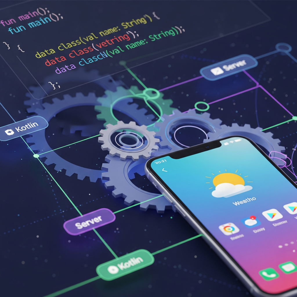 Sebuah gambar futuristik yang cerah dan dinamis, berfokus pada bahasa pemrograman Kotlin. Komposisi ini menampilkan representasi abstrak dari cuplikan kode, bersama dengan layar ponsel yang menampilkan antarmuka aplikasi Android yang bersih. Bentuk geometris yang saling terkait, menyerupai roda gigi atau simpul yang terhubung, melambangkan kemampuan multiplatform bahasa pemrograman Kotlin yang mencakup web, server, dan ilmu data. Garis-garis bercahaya halus dalam nuansa ungu dan hijau, karakteristik merek Kotlin, memancar dari elemen-elemen ini, menyampaikan efisiensi dan inovasi. Suasana keseluruhan dinamis, modern, dan berpandangan ke depan, bertujuan untuk menarik para pengembang.