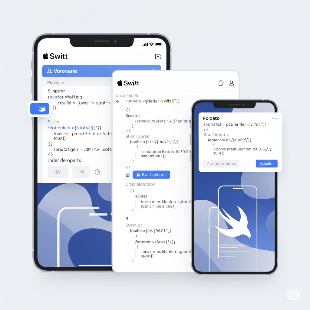 Antarmuka modern dan minimalis yang menampilkan cuplikan kode dan simbol bahasa pemrograman Swift, dengan garis luar perangkat yang ramping dan estetika desain yang bersih secara halus menyiratkan ekosistem Apple tanpa menampilkan logo Apple secara eksplisit. Gambar ini menonjolkan pengembangan aplikasi yang inovatif, efisien, dan berwawasan ke depan, memadukan kecanggihan teknologi dengan keramahan pengguna, serta menunjukkan pengembangan aplikasi yang mulus untuk berbagai platform.