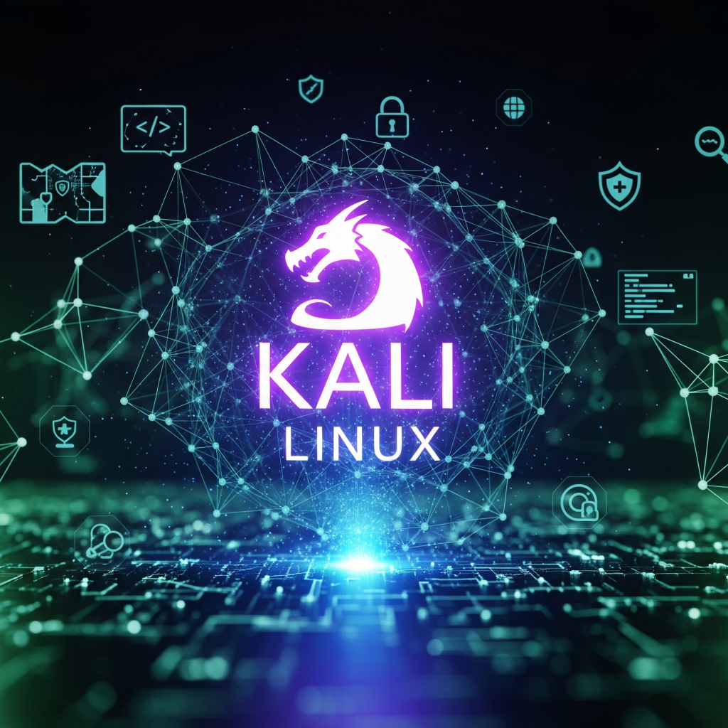 Sebuah gambar yang sangat menarik dan dinamis yang menonjolkan logo Kali Linux yang bercahaya, dengan desain naga ikoniknya yang muncul dari jaring kompleks node dan garis yang saling berhubungan, mewakili keamanan siber dan aliran data digital. Logo tersebut berdenyut dengan energi, memancarkan cahaya lembut dan halus. Mengelilingi logo, ikon transparan dari alat keamanan siber standar seperti peta jaringan, cuplikan kode, ikon kunci digital, atau kaca pembesar mengambang secara halus dan terintegrasi ke dalam struktur jaringan yang rumit. Latar belakang gelap disinari dengan sedikit nuansa hijau dan biru yang sejuk, membangkitkan suasana yang aman dan digerakkan oleh teknologi. Adegan tersebut menyampaikan suasana yang canggih dan kuat, menyoroti peran integral Kali Linux dalam pertahanan digital.
