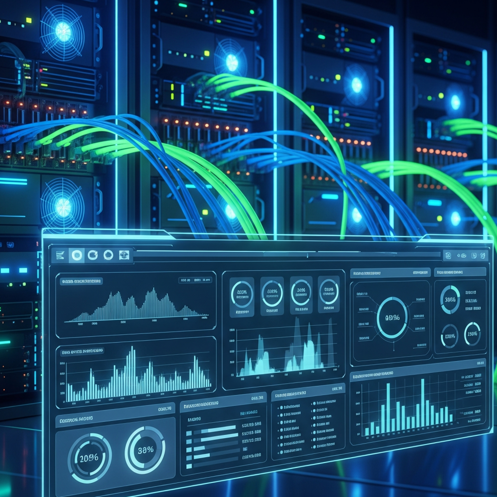 Sistem monitoring jaringan canggih dengan kabel bercahaya dan visualisasi data pada dashboard digital.