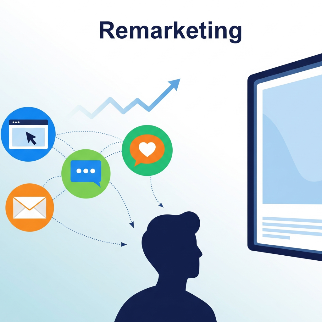Ilustrasi abstrak remarketing menampilkan titik sentuh digital (ikon situs web, media sosial, email) mengarah ke orang yang melihat iklan, menyampaikan re-engagement dan konversi.