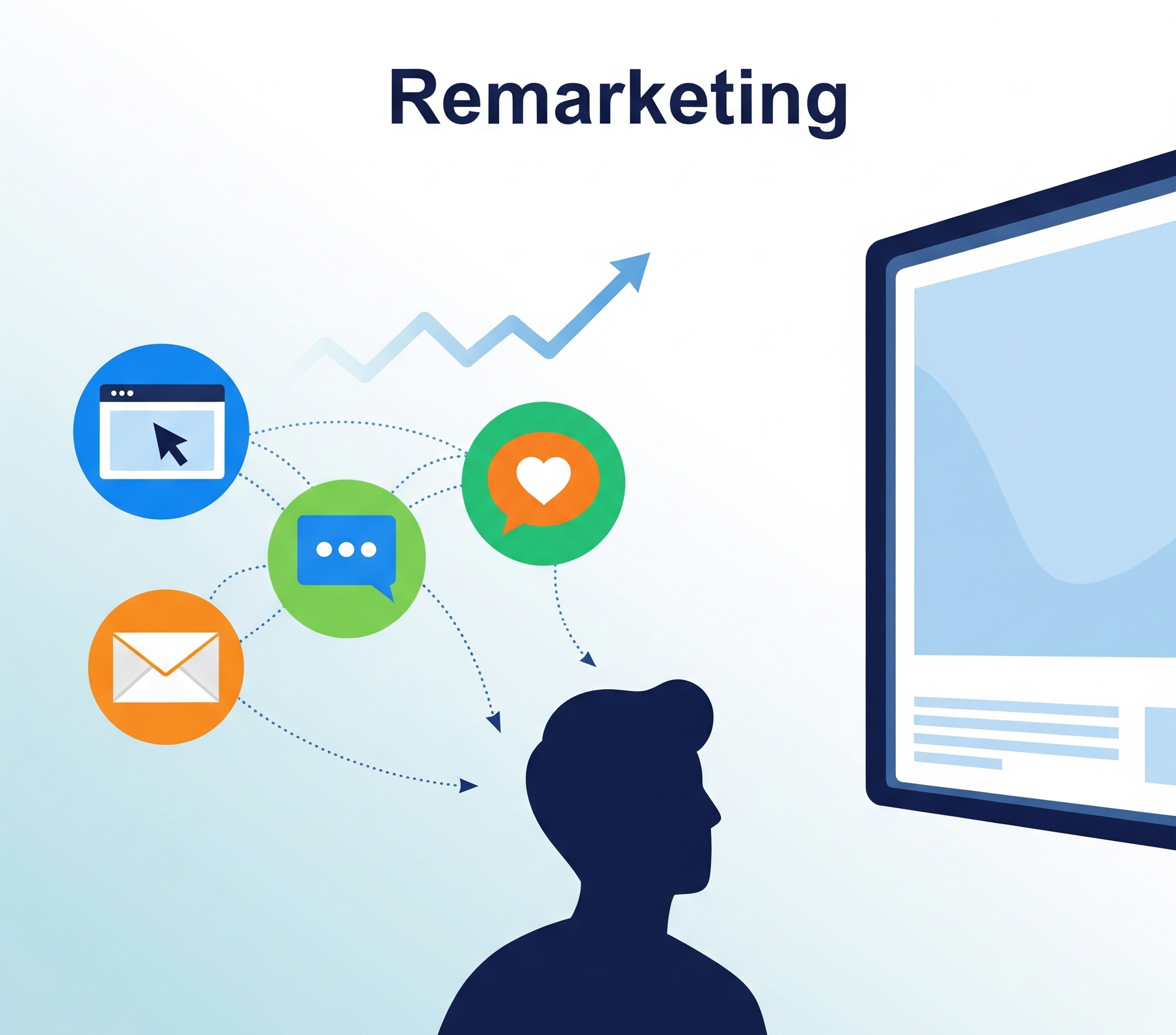 Ilustrasi abstrak remarketing menampilkan titik sentuh digital (ikon situs web, media sosial, email) mengarah ke orang yang melihat iklan, menyampaikan re-engagement dan konversi.