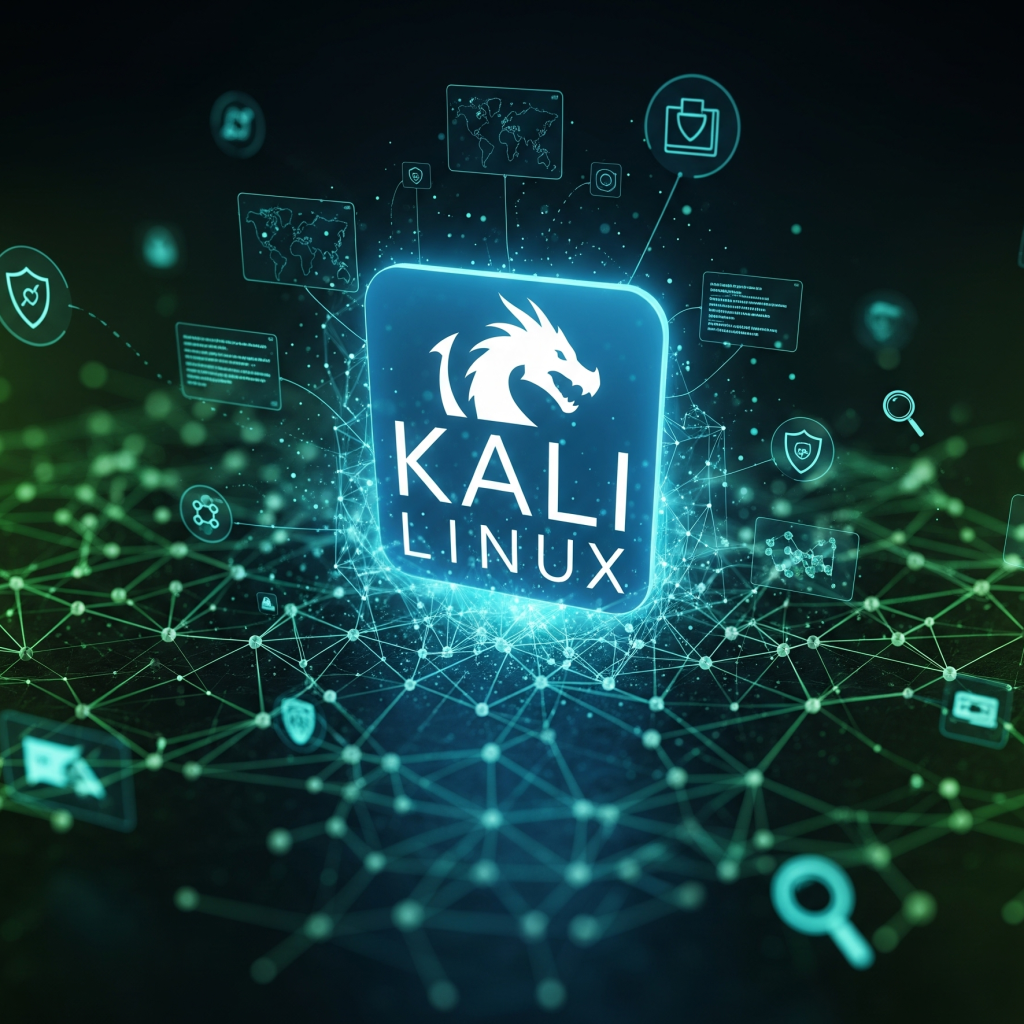Sebuah gambar dinamis dan mencolok yang menampilkan logo Kali Linux (ikon naga) yang bercahaya dan futuristik, muncul dari jaringan kompleks node dan garis yang saling terhubung, melambangkan keamanan siber dan aliran data. Alat-alat keamanan siber umum seperti peta jaringan, cuplikan kode, ikon kunci digital, atau kaca pembesar mengambang secara halus di sekitar logo atau terintegrasi ke dalam jaringan. Latar belakangnya gelap dengan sedikit cahaya hijau atau biru, menunjukkan lingkungan yang aman dan berfokus pada teknologi. Suasana keseluruhan canggih dan kuat, menekankan peran Kali Linux dalam pertahanan digital.