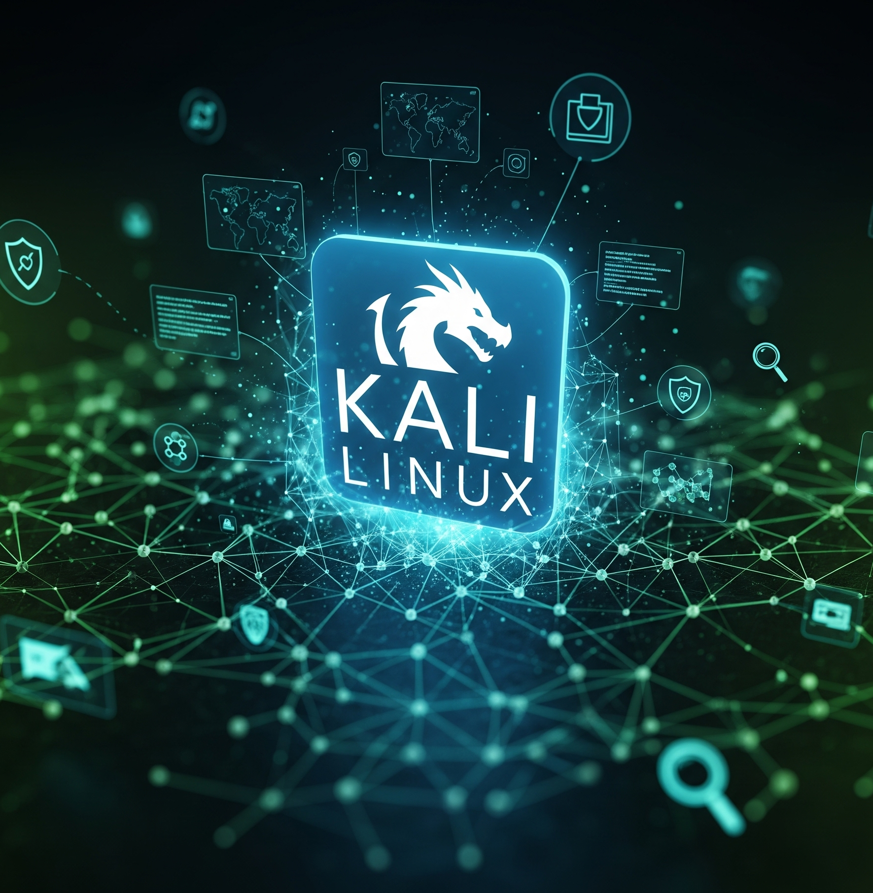 Sebuah gambar dinamis dan mencolok yang menampilkan logo Kali Linux (ikon naga) yang bercahaya dan futuristik, muncul dari jaringan kompleks node dan garis yang saling terhubung, melambangkan keamanan siber dan aliran data. Alat-alat keamanan siber umum seperti peta jaringan, cuplikan kode, ikon kunci digital, atau kaca pembesar mengambang secara halus di sekitar logo atau terintegrasi ke dalam jaringan. Latar belakangnya gelap dengan sedikit cahaya hijau atau biru, menunjukkan lingkungan yang aman dan berfokus pada teknologi. Suasana keseluruhan canggih dan kuat, menekankan peran Kali Linux dalam pertahanan digital.