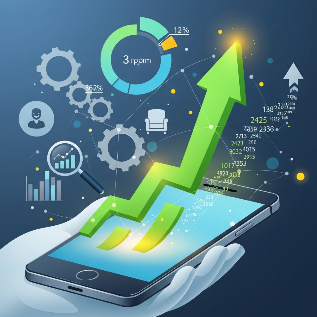 Ilustrasi modern peningkatan Conversion Rate Optimization di layar ponsel dengan grafik dan elemen data.