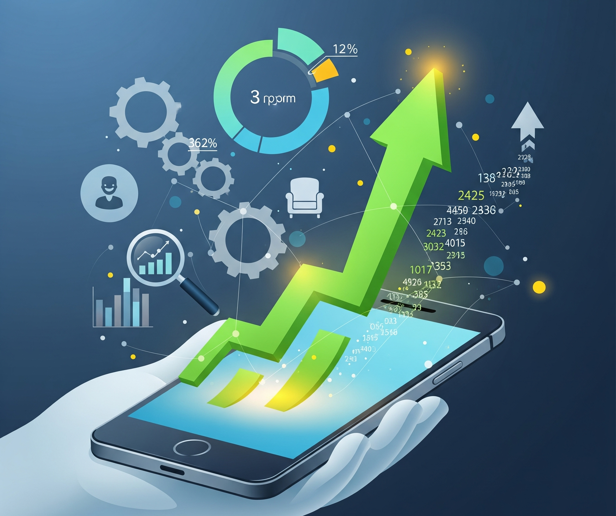 Ilustrasi modern peningkatan Conversion Rate Optimization di layar ponsel dengan grafik dan elemen data.