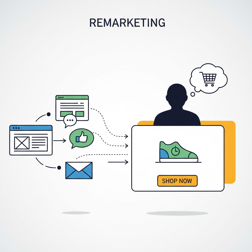 Ilustrasi abstrak remarketing menunjukkan orang dengan keranjang belanja dalam gelembung pikiran, diikuti oleh ikon situs web, media sosial, dan email yang mengarah ke panel iklan dengan tombol "Belanja Sekarang," menggambarkan re-engagement dan konversi.