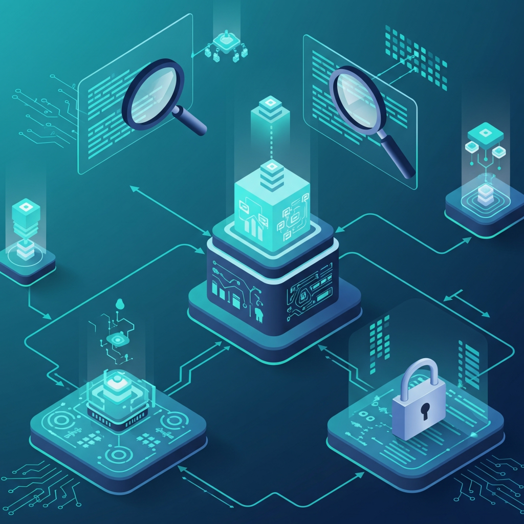Ilustrasi abstrak profesional yang menampilkan konsep keamanan siber dan security audit, dengan kaca pembesar pada aliran data dan kunci digital, dalam nuansa biru-hijau yang bersih.