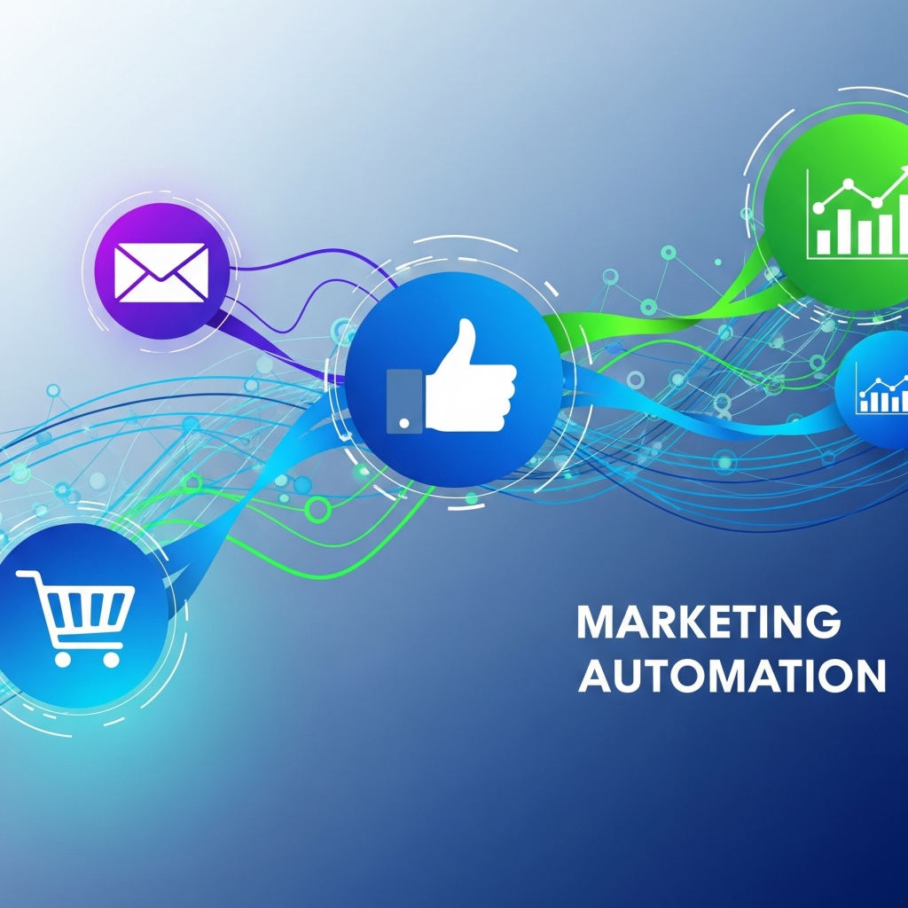 Representasi visual marketing automation yang abstrak dan modern, menunjukkan aliran data digital yang saling berhubungan antara ikon email, tanda suka media sosial, keranjang belanja, dan grafik pertumbuhan. Warna-warna cerah biru, hijau, dan ungu mendominasi, menyampaikan konsep efisiensi dan perkembangan dalam marketing automation. Desainnya berfokus pada estetika teknologi yang bersih, tanpa figur manusia atau tampilan software.