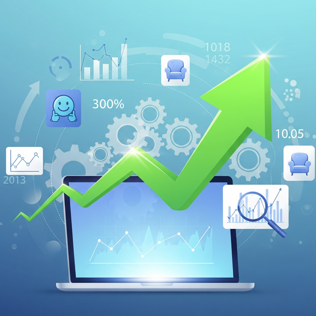 Visualisasi Conversion Rate Optimization yang sukses ditunjukkan dengan panah naik dari laptop dan ikon UX.