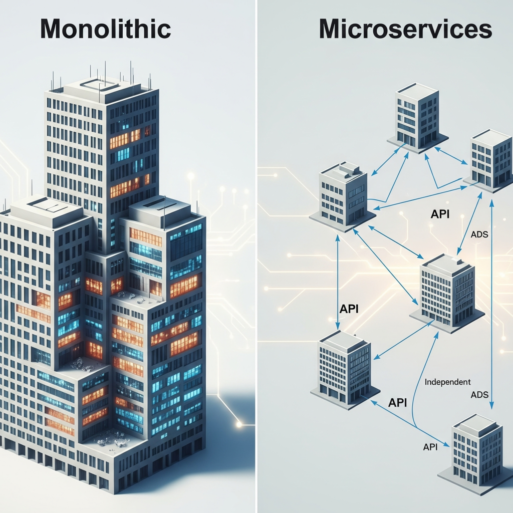Perbandingan visual arsitektur monolitik vs microservice, dengan gedung tunggal dan jaringan gedung kecil yang saling berkomunikasi via API.