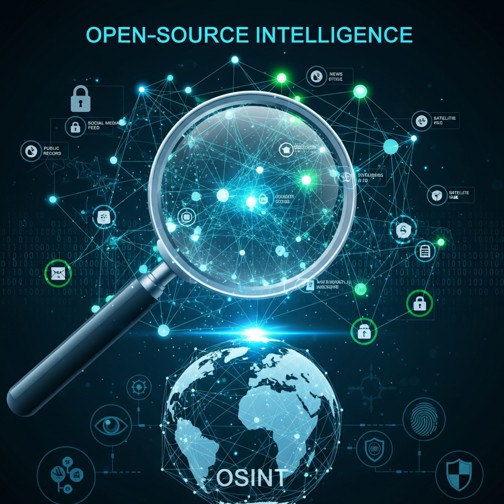 Ilustrasi OSINT yang dinamis dengan globe holografik, kaca pembesar, dan elemen siber seperti ikon gembok dan sidik jari.