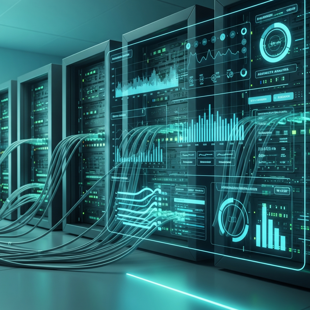 Ruang server berteknologi tinggi dengan dashboard monitoring jaringan yang menampilkan data real-time.