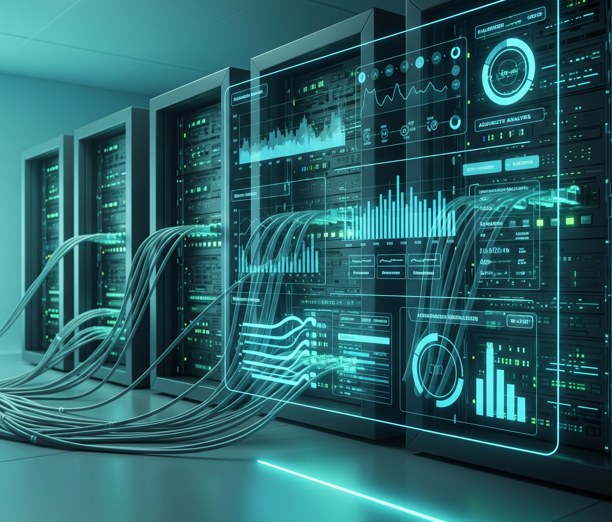 Ruang server berteknologi tinggi dengan dashboard monitoring jaringan yang menampilkan data real-time.