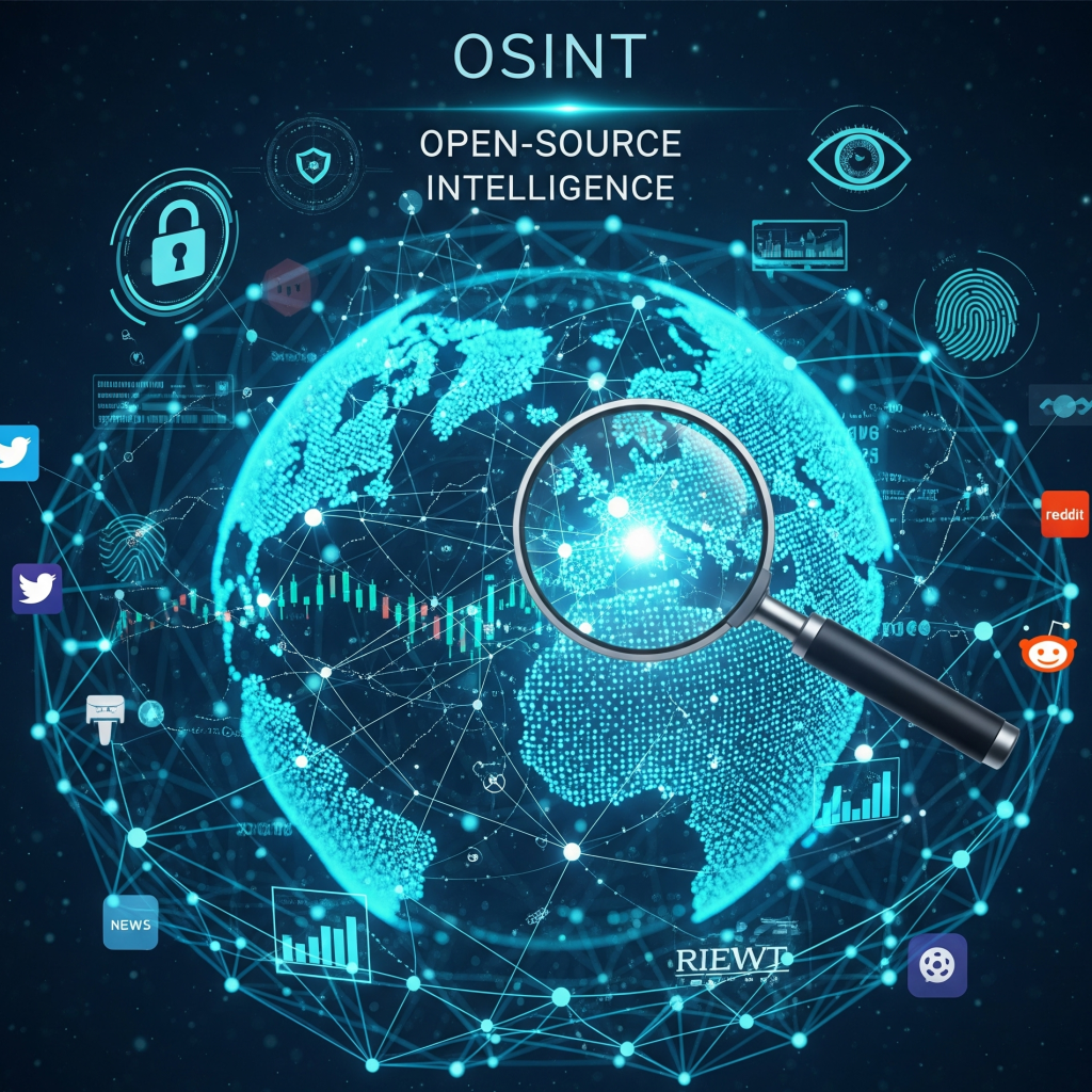 Representasi visual OSINT dengan kaca pembesar di atas jaringan data digital yang saling terhubung dan globe.
