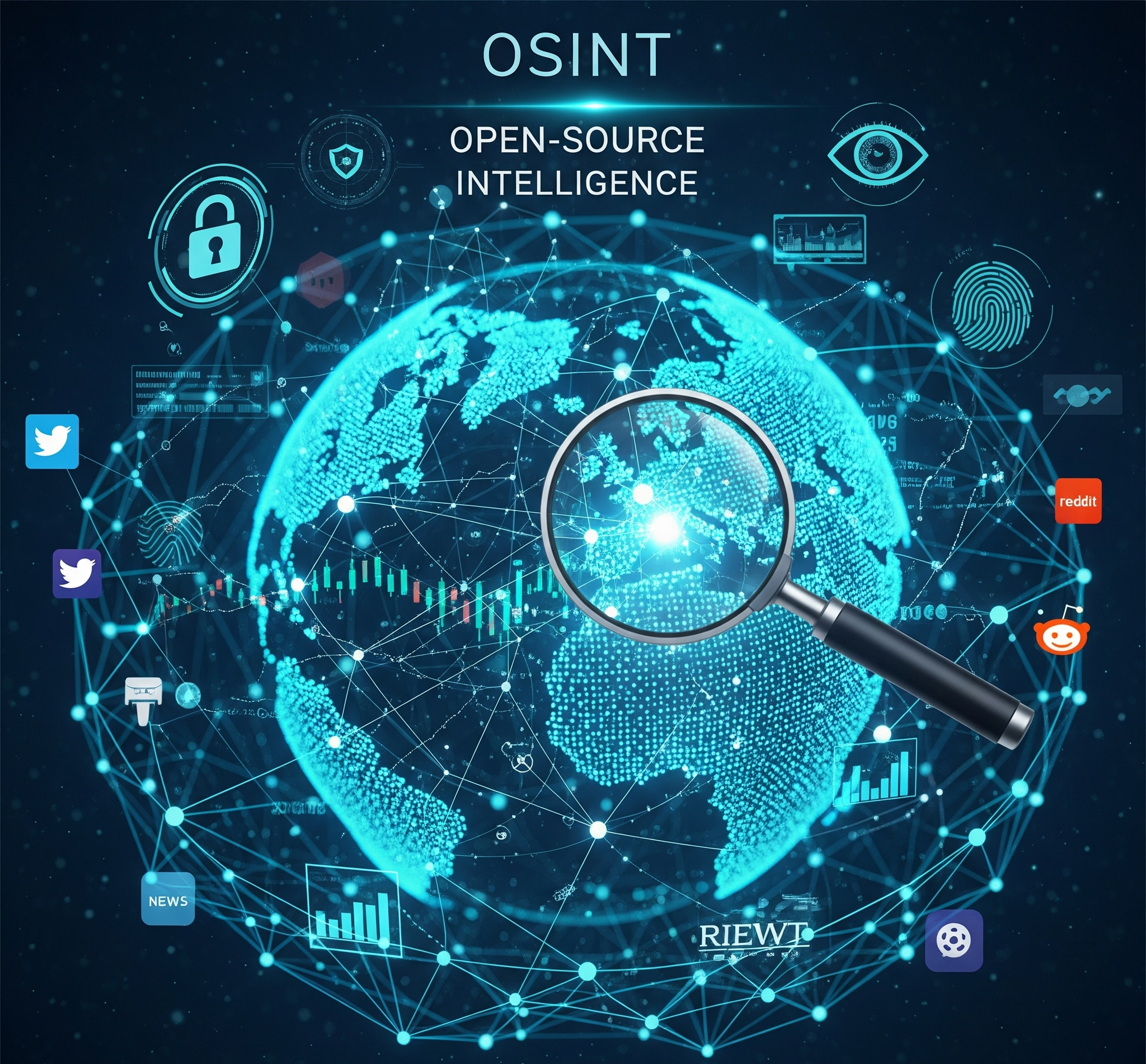 Representasi visual OSINT dengan kaca pembesar di atas jaringan data digital yang saling terhubung dan globe.