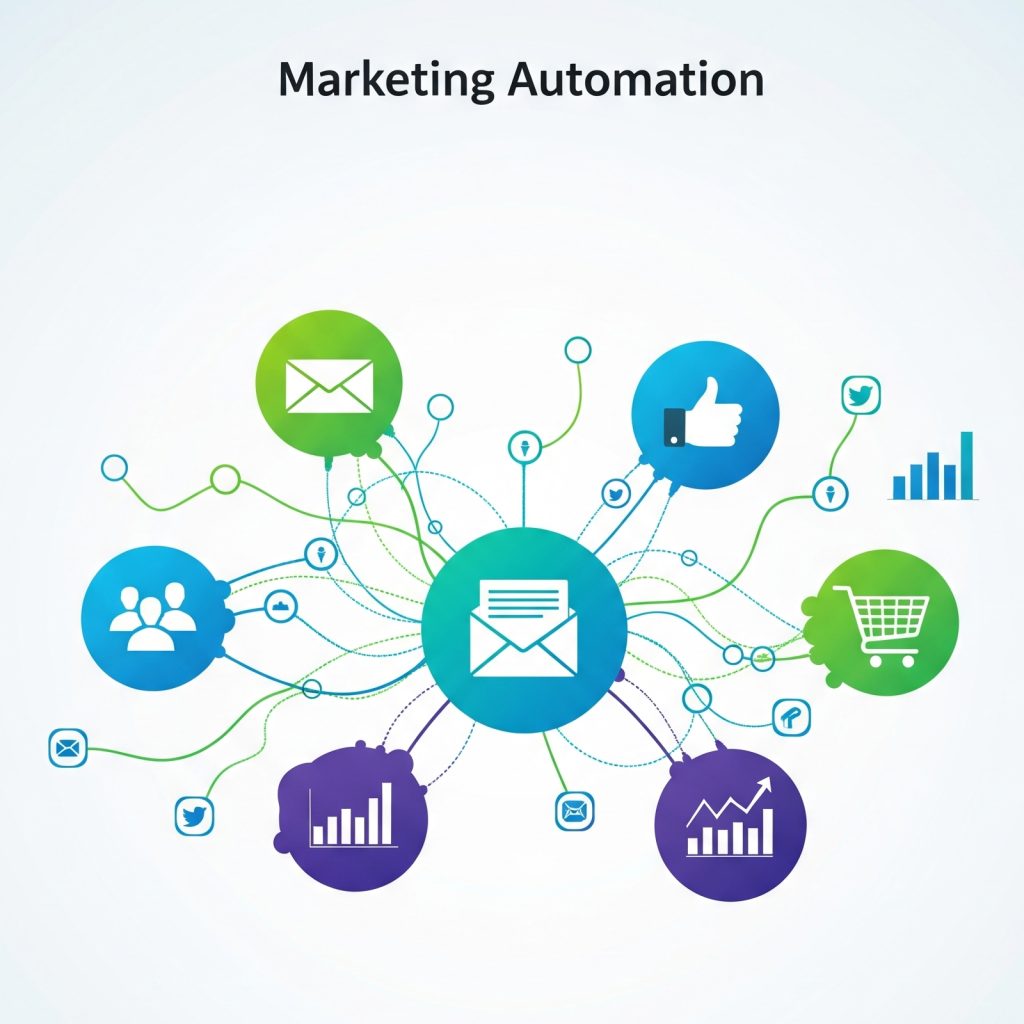 Ilustrasi abstrak modern yang dinamis tentang marketing automation, menampilkan garis dan node digital yang saling terhubung mengalir di antara ikon amplop email, jempol 'suka' media sosial, keranjang belanja, dan bagan data. Palet warnanya adalah biru, hijau, dan ungu cerah, melambangkan efisiensi dan pertumbuhan. Estetikanya bersih dan terinspirasi teknologi, tanpa menunjukkan orang atau antarmuka perangkat lunak tertentu.