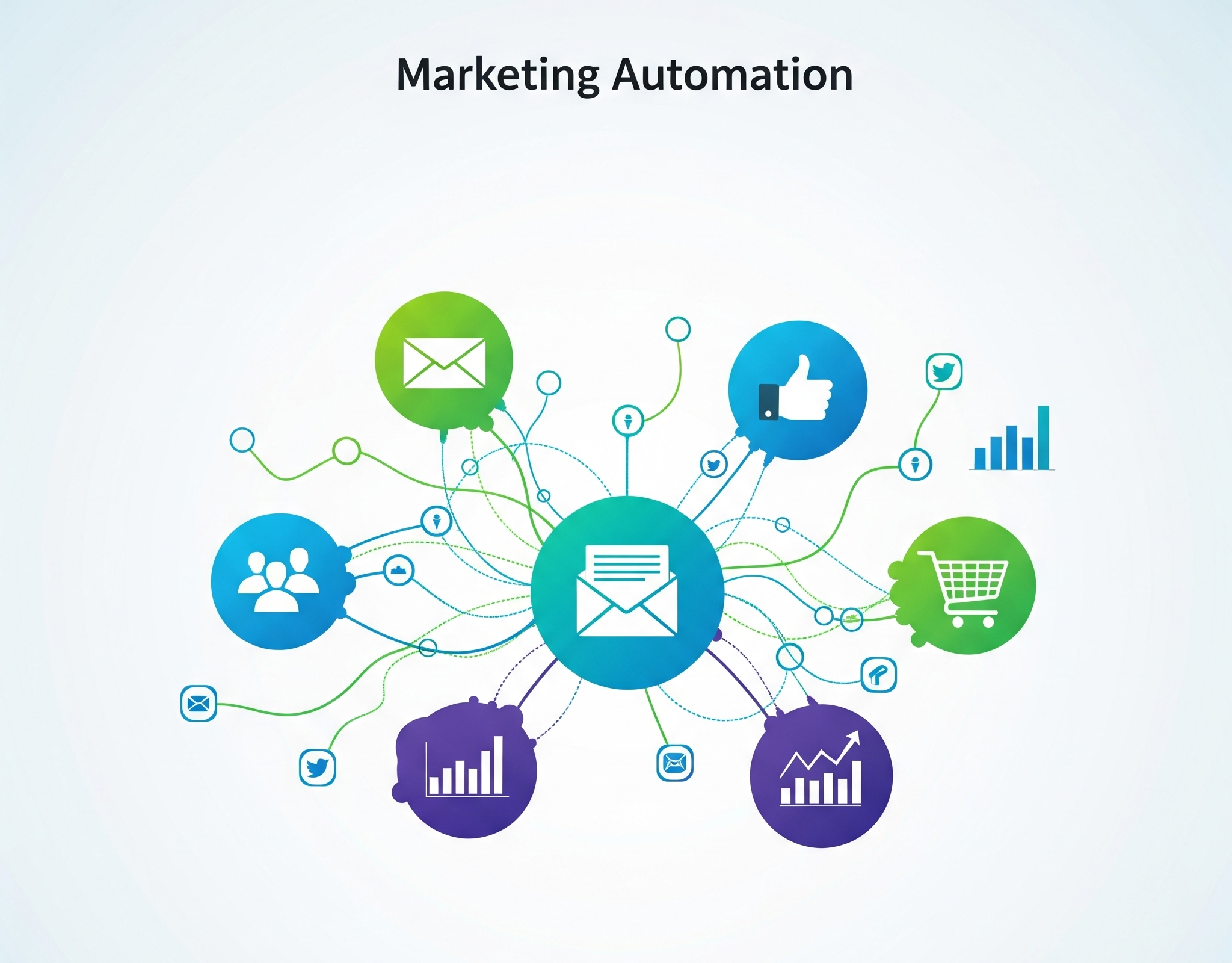 Ilustrasi abstrak modern yang dinamis tentang marketing automation, menampilkan garis dan node digital yang saling terhubung mengalir di antara ikon amplop email, jempol 'suka' media sosial, keranjang belanja, dan bagan data. Palet warnanya adalah biru, hijau, dan ungu cerah, melambangkan efisiensi dan pertumbuhan. Estetikanya bersih dan terinspirasi teknologi, tanpa menunjukkan orang atau antarmuka perangkat lunak tertentu.